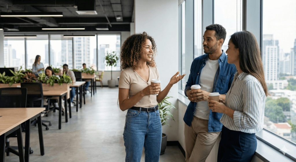 Team members collaborating in a modern office environment